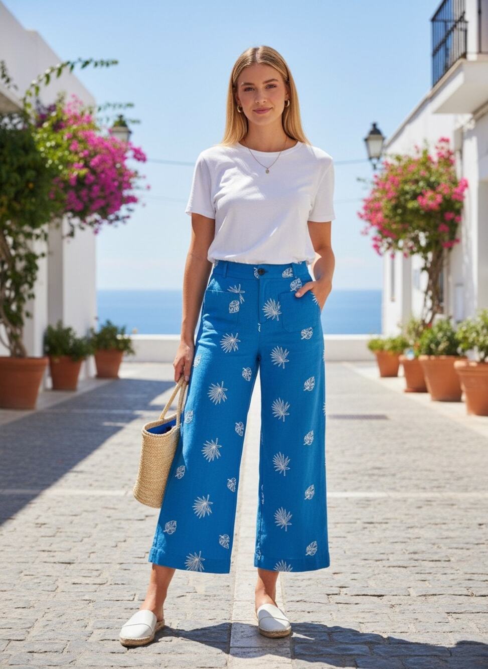 Zara Embroidered Tropical Wide Leg Pants Women's XS Blue